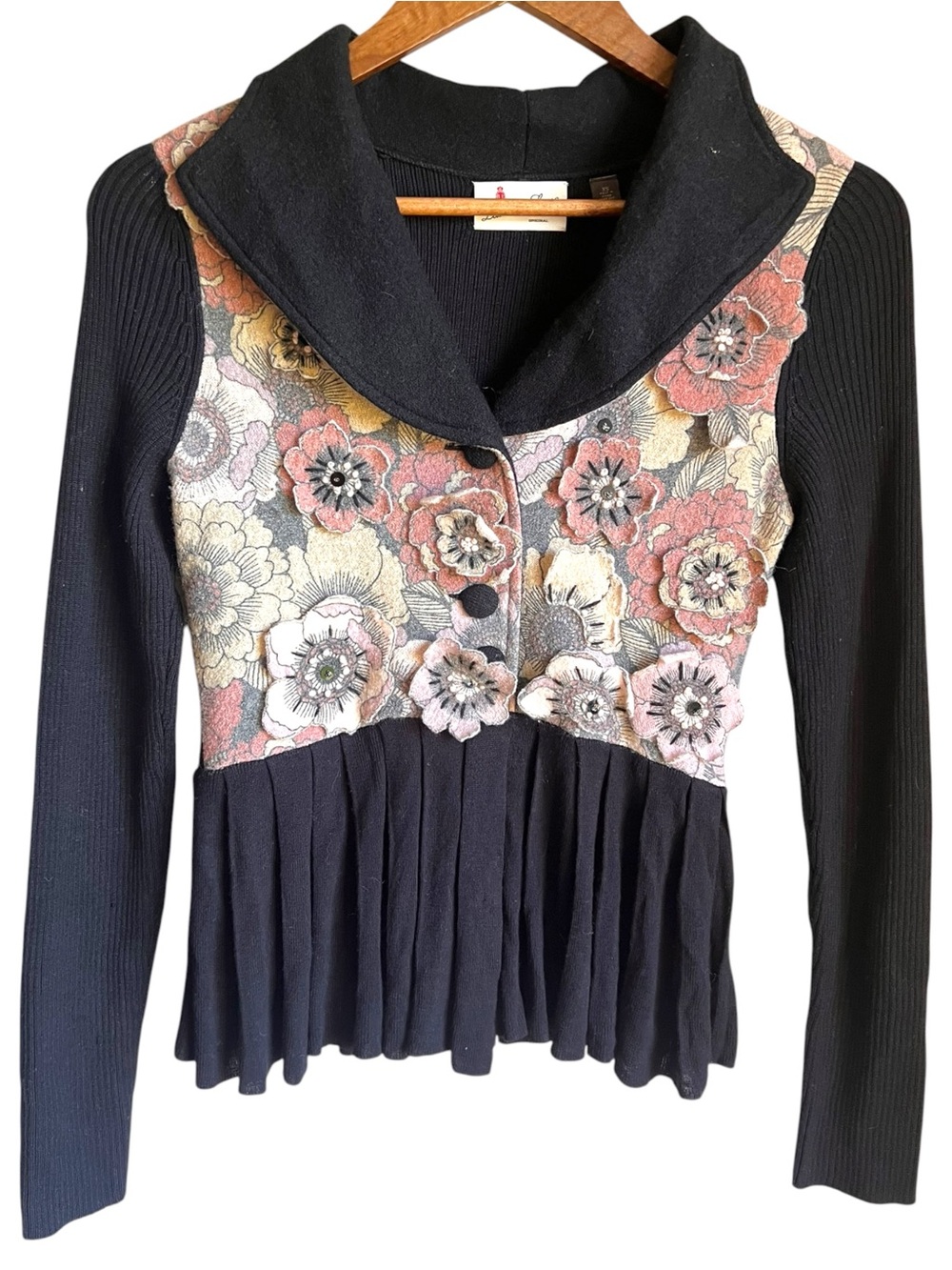 Laureate Lane Size XS Mixed Media Wool Blend Floral Applique Sweater Jacket Boho
